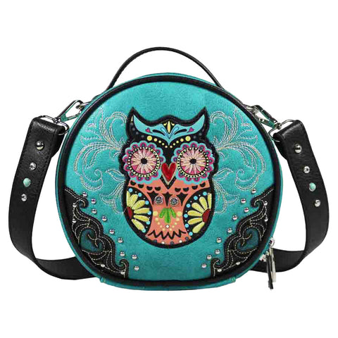 Embroidered Owl Round Crossbody Bag