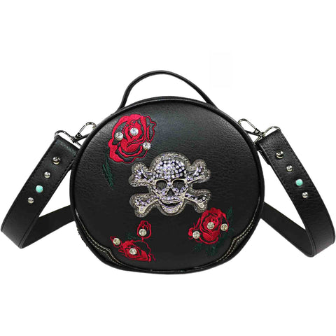 Studded Skull Rose Round Crossbody Bag