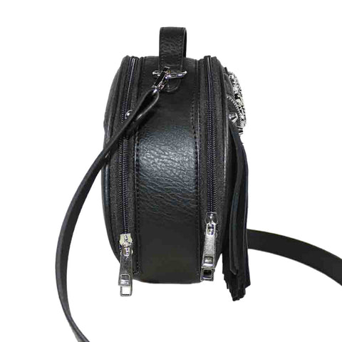 Studded Skull Zipper Fringe Round Crossbody Bag
