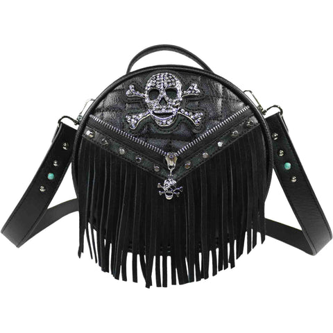 Studded Skull Zipper Fringe Round Crossbody Bag