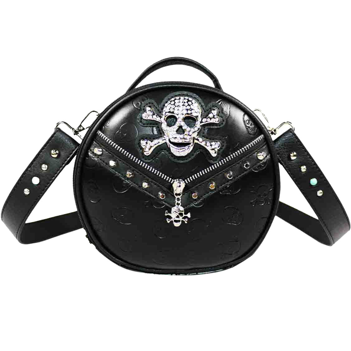 Studded Skull Print Zipper Round Crossbody Bag