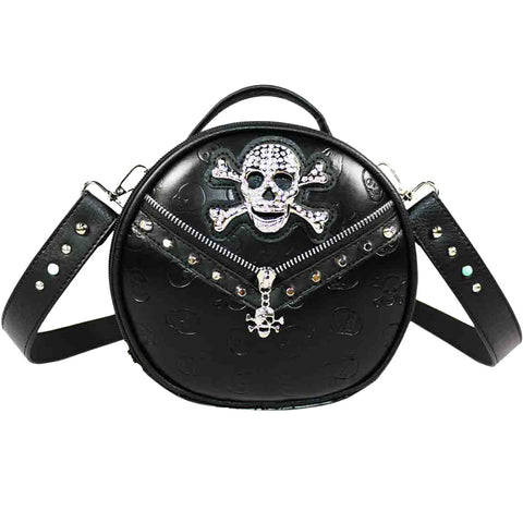 Studded Skull Print Zipper Round Crossbody Bag