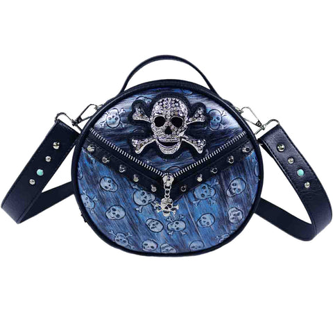 Studded Skull Print Zipper Round Crossbody Bag