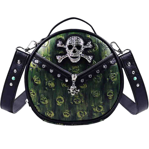 Studded Skull Print Zipper Round Crossbody Bag