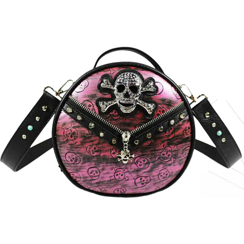 Studded Skull Print Zipper Round Crossbody Bag