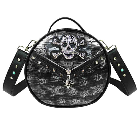 Studded Skull Print Zipper Round Crossbody Bag