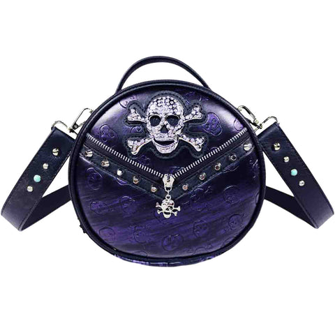 Studded Skull Print Zipper Round Crossbody Bag