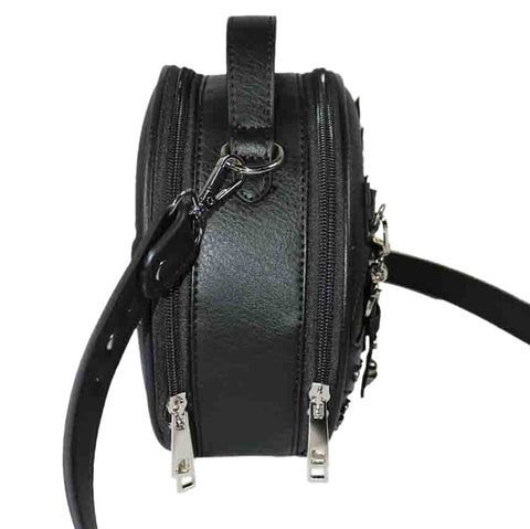 Chrome Skull Chain Studded Round Crossbody Bag