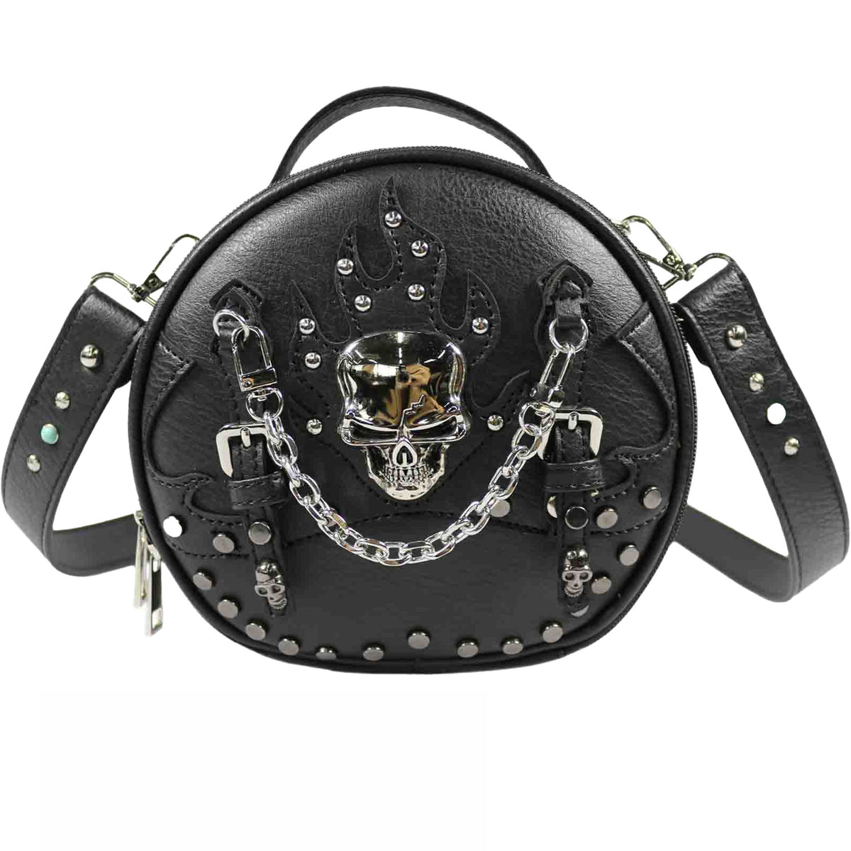 Chrome Skull Chain Studded Round Crossbody Bag