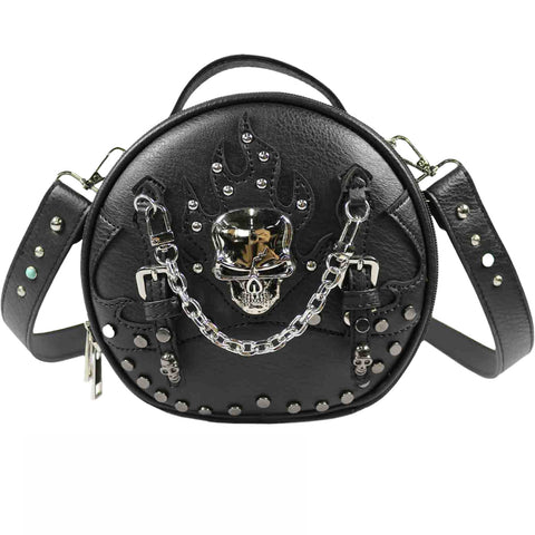 Chrome Skull Chain Studded Round Crossbody Bag