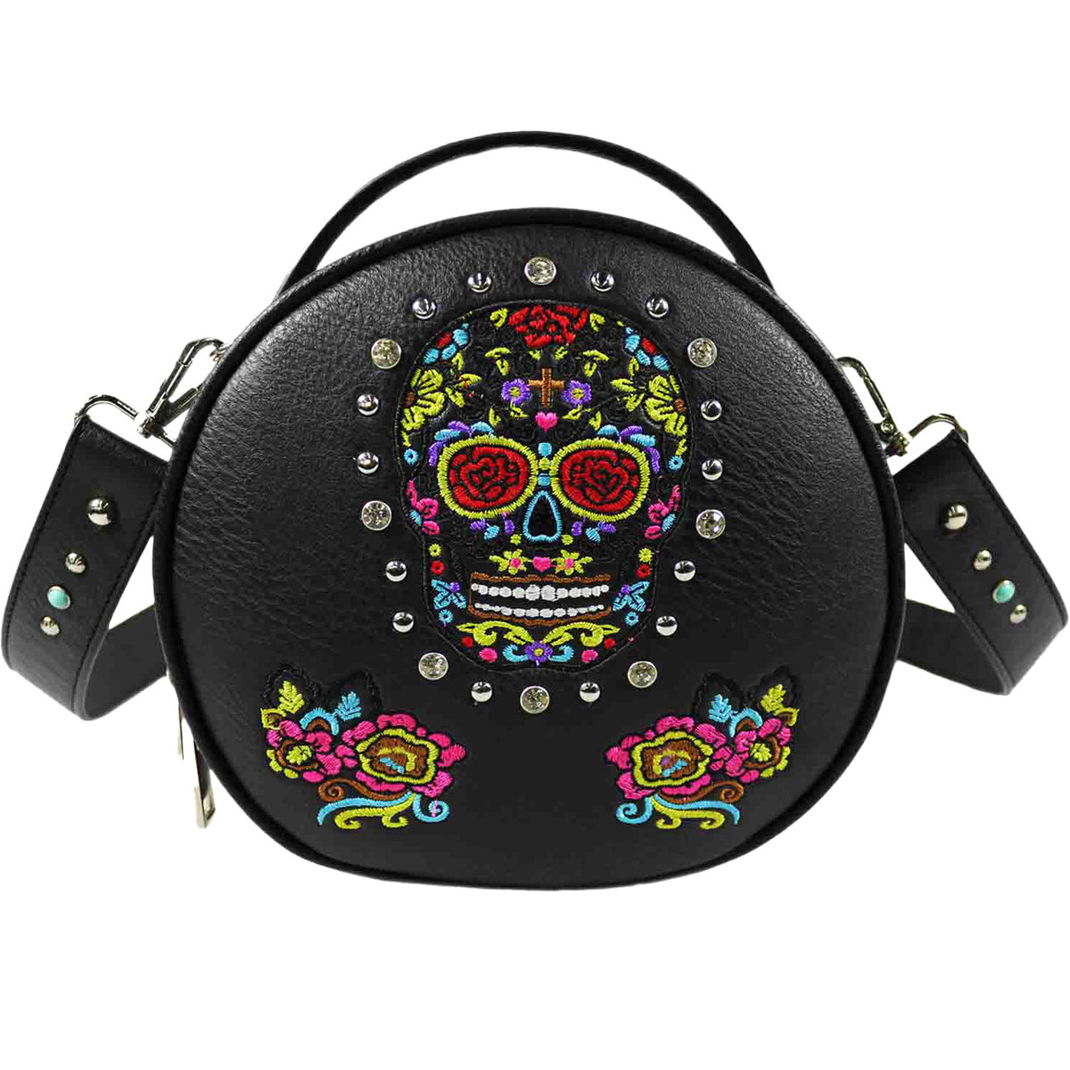 Embroidered Sugar Skull Round Crossbody Bag