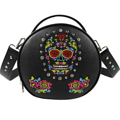 Embroidered Sugar Skull Round Crossbody Bag
