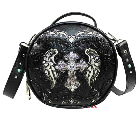 Crystal Cross Wing Round Crossbody Bag
