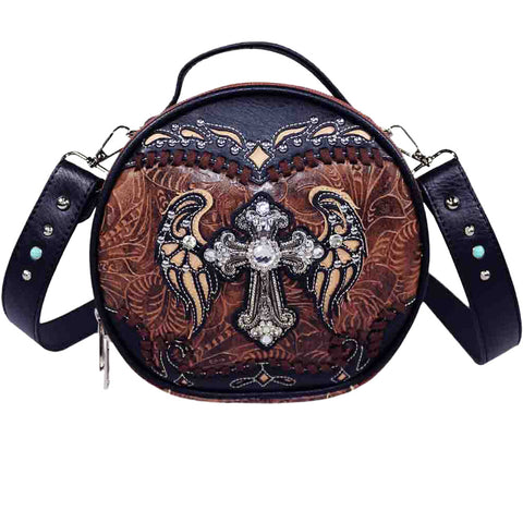 Crystal Cross Wing Round Crossbody Bag
