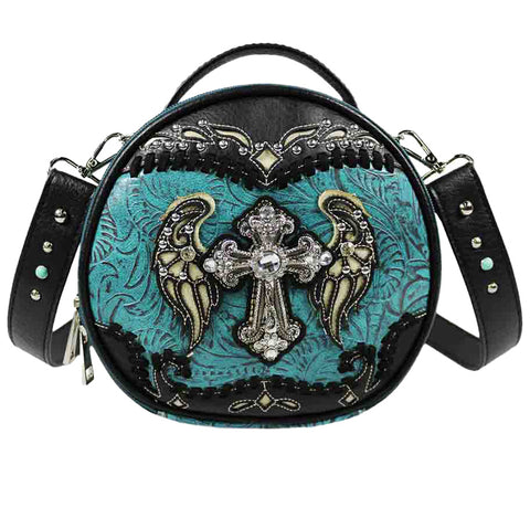 Crystal Cross Wing Round Crossbody Bag