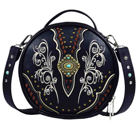 Brass Concho Studded Round Crossbody Bag