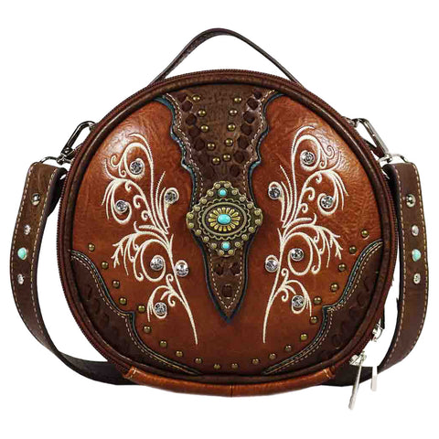 Brass Concho Studded Round Crossbody Bag