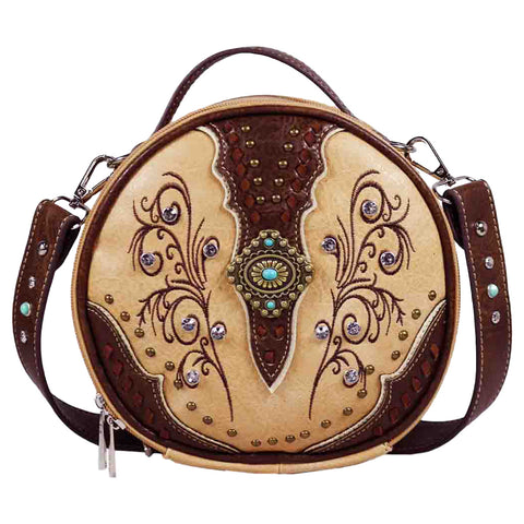 Brass Concho Studded Round Crossbody Bag