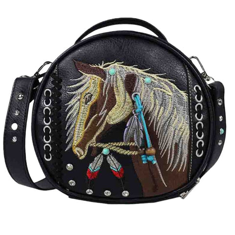 Embroidered Horse Studded Round Crossbody Bag
