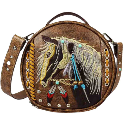 Embroidered Horse Studded Round Crossbody Bag
