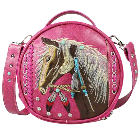 Embroidered Horse Studded Round Crossbody Bag