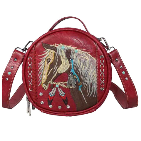 Embroidered Horse Studded Round Crossbody Bag