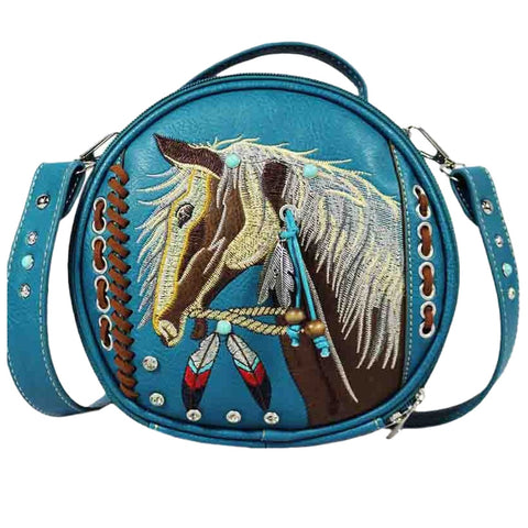 Embroidered Horse Studded Round Crossbody Bag