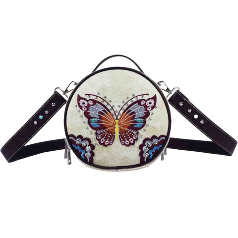Embroidered Butterfly Studded Round Crossbody Bag