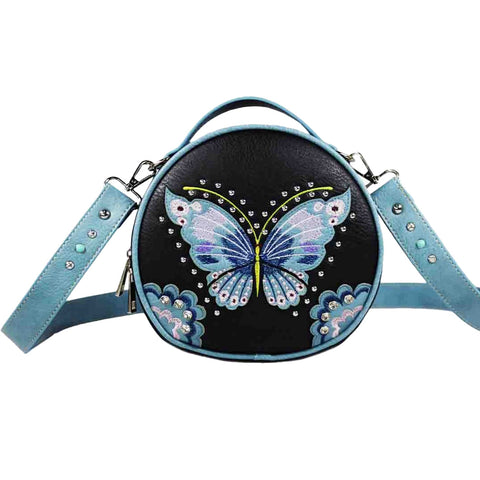 Embroidered Butterfly Studded Round Crossbody Bag