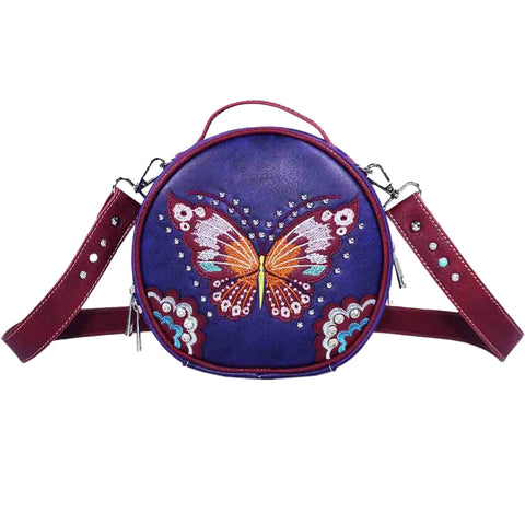 Embroidered Butterfly Studded Round Crossbody Bag