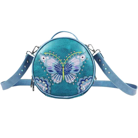 Embroidered Butterfly Studded Round Crossbody Bag