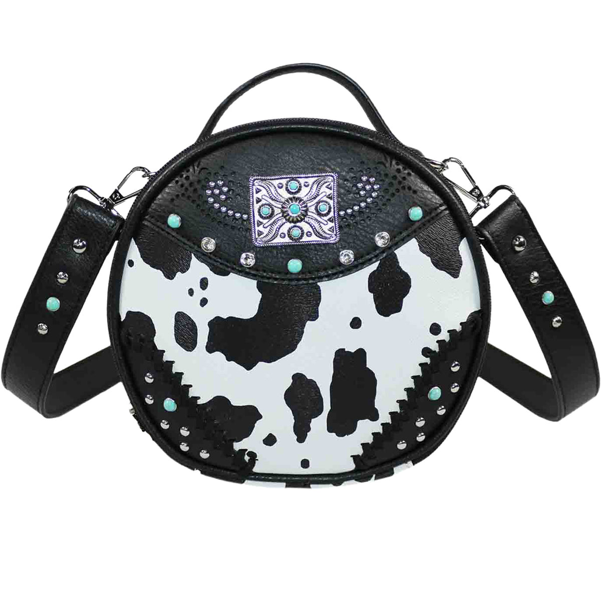 Square Concho Cow Print Round Crossbody Bag