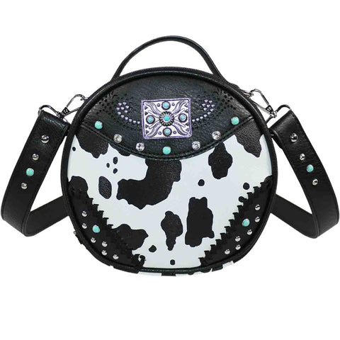 Square Concho Cow Print Round Crossbody Bag