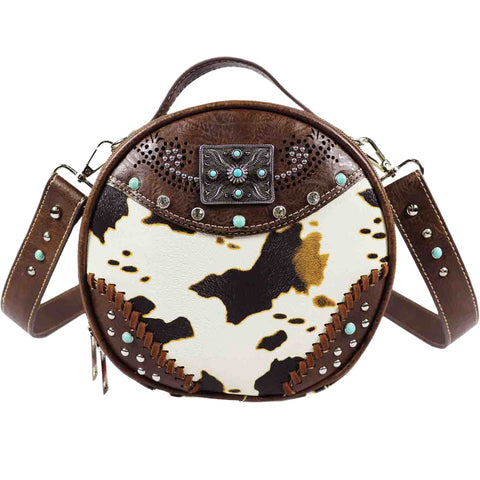 Square Concho Cow Print Round Crossbody Bag