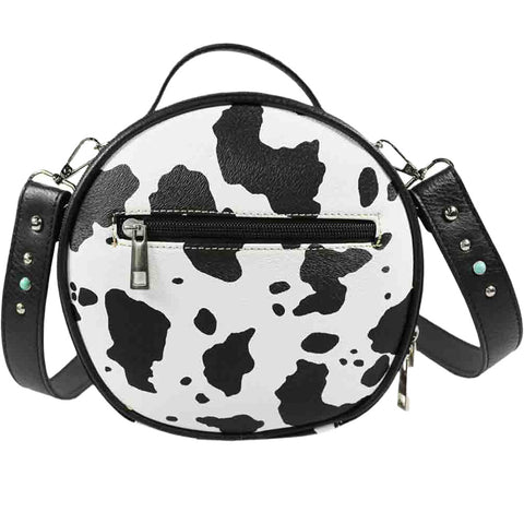 Floral Concho Studded Cow Print Round Crossbody Bag