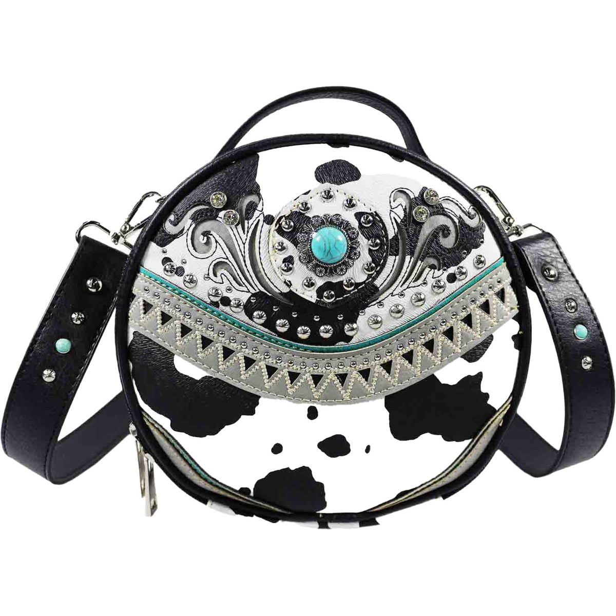 Floral Concho Studded Cow Print Round Crossbody Bag