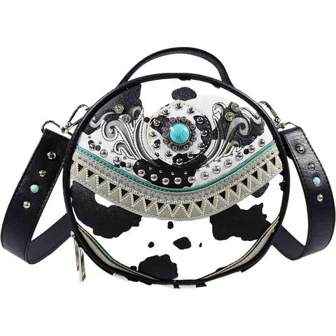 Floral Concho Studded Cow Print Round Crossbody Bag