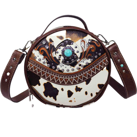 Floral Concho Studded Cow Print Round Crossbody Bag