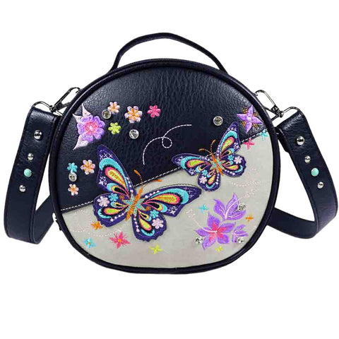 Double Embroidered Butterfly Round Crossbody Bag