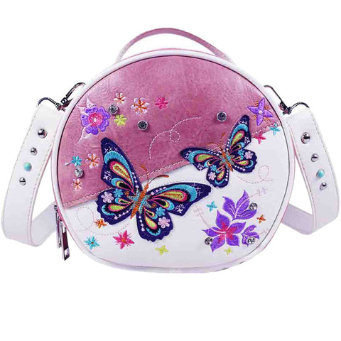 Double Embroidered Butterfly Round Crossbody Bag