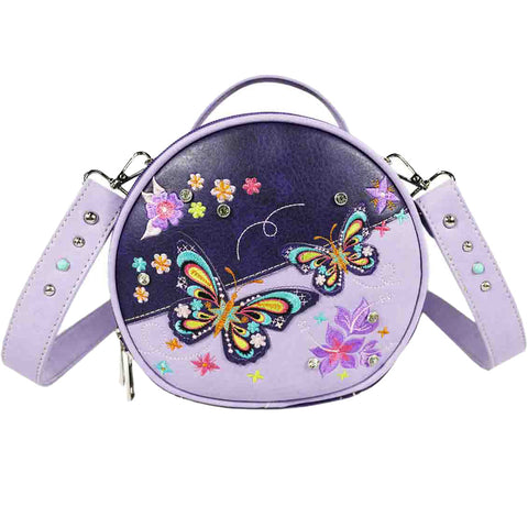 Double Embroidered Butterfly Round Crossbody Bag