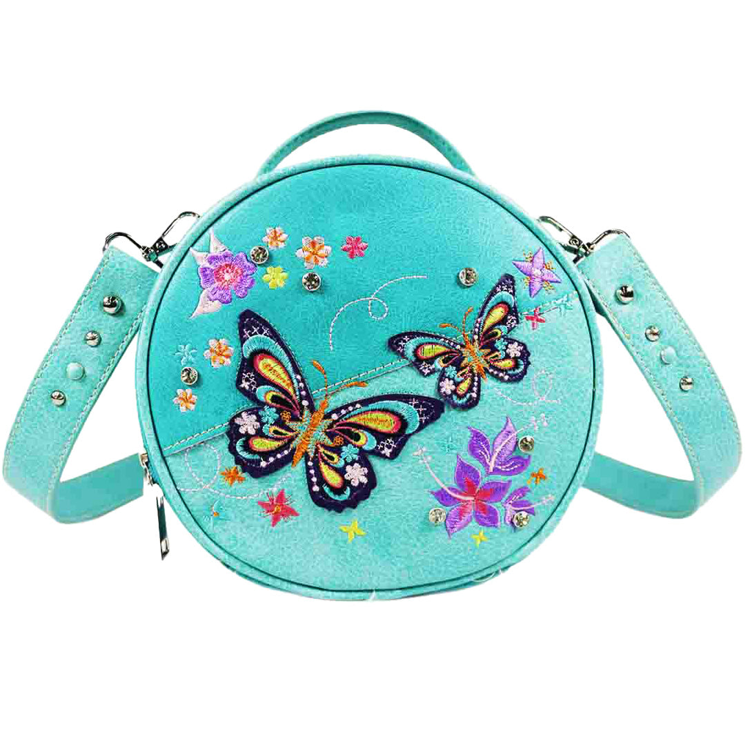 Double Embroidered Butterfly Round Crossbody Bag