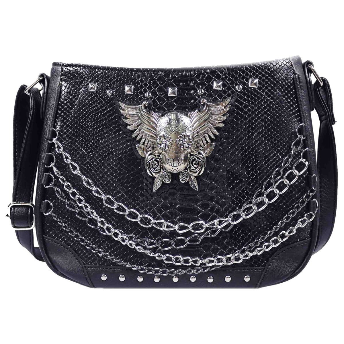 Winged Skull Chain Studded Crossbody Bag
