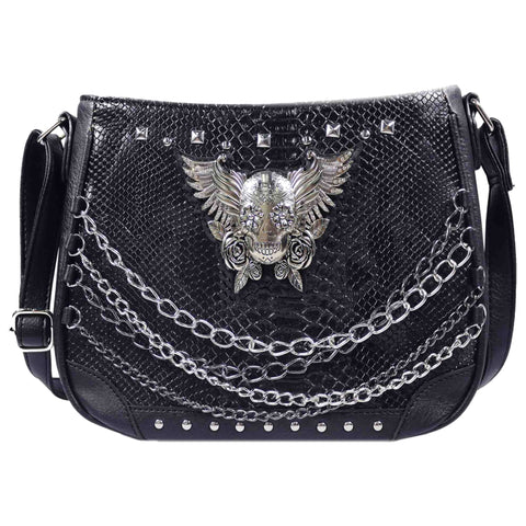 Winged Skull Chain Studded Crossbody Bag