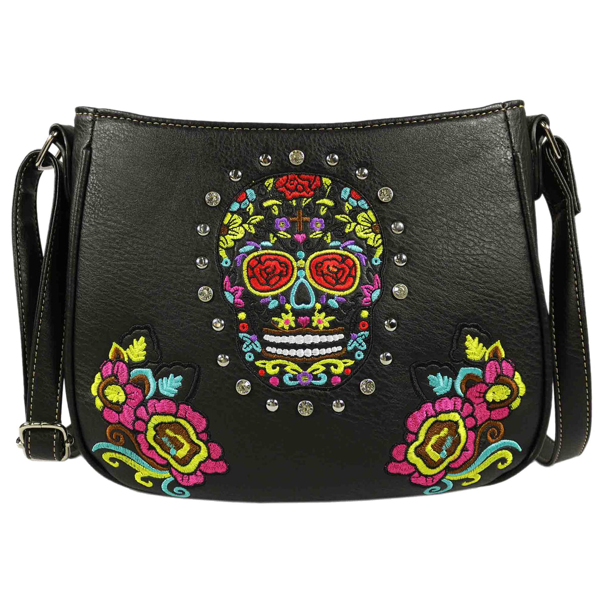Embroidered Sugar Skull Studded Crossbody Bag