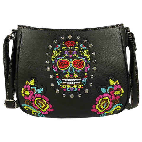 Embroidered Sugar Skull Studded Crossbody Bag