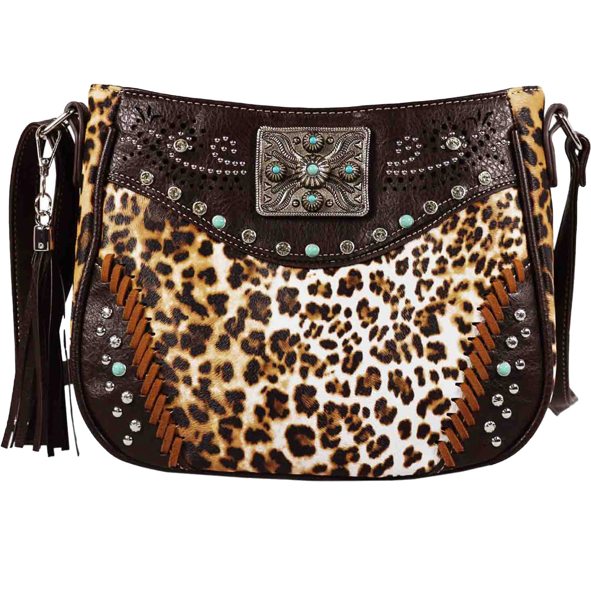 Square Concho Leopard Print Studded Crossbody Bag