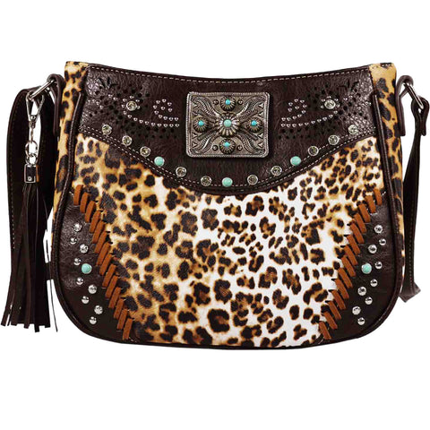 Square Concho Leopard Print Studded Crossbody Bag