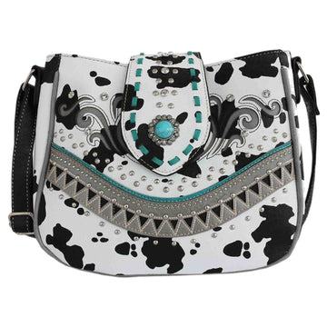 Turquoise Stone Concho Cow Print Studded Crossbody Bag