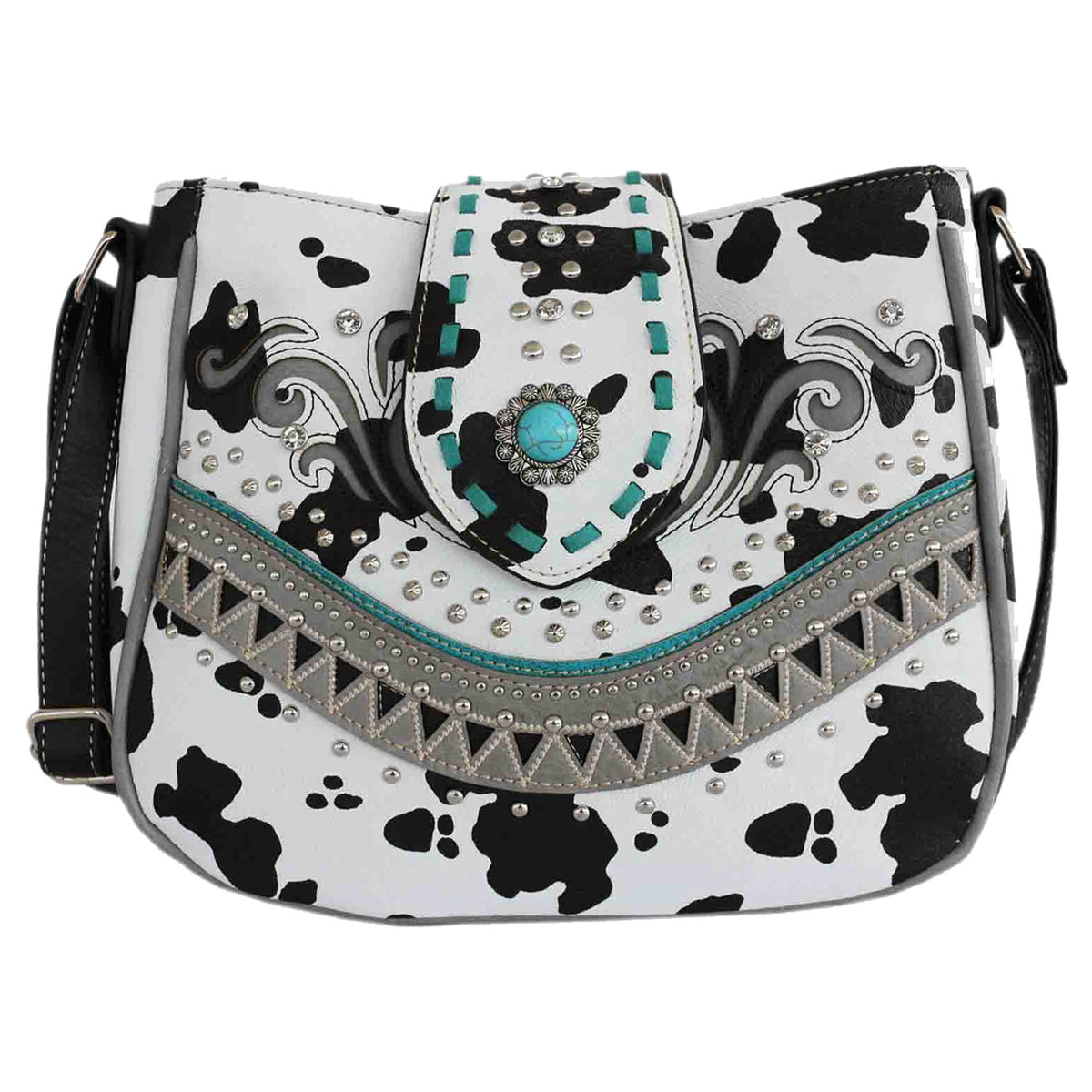 Turquoise Stone Concho Cow Print Studded Crossbody Bag